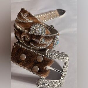 Nocona Western Belt Leather Calf Hair Rhinestones Brown Size Medium